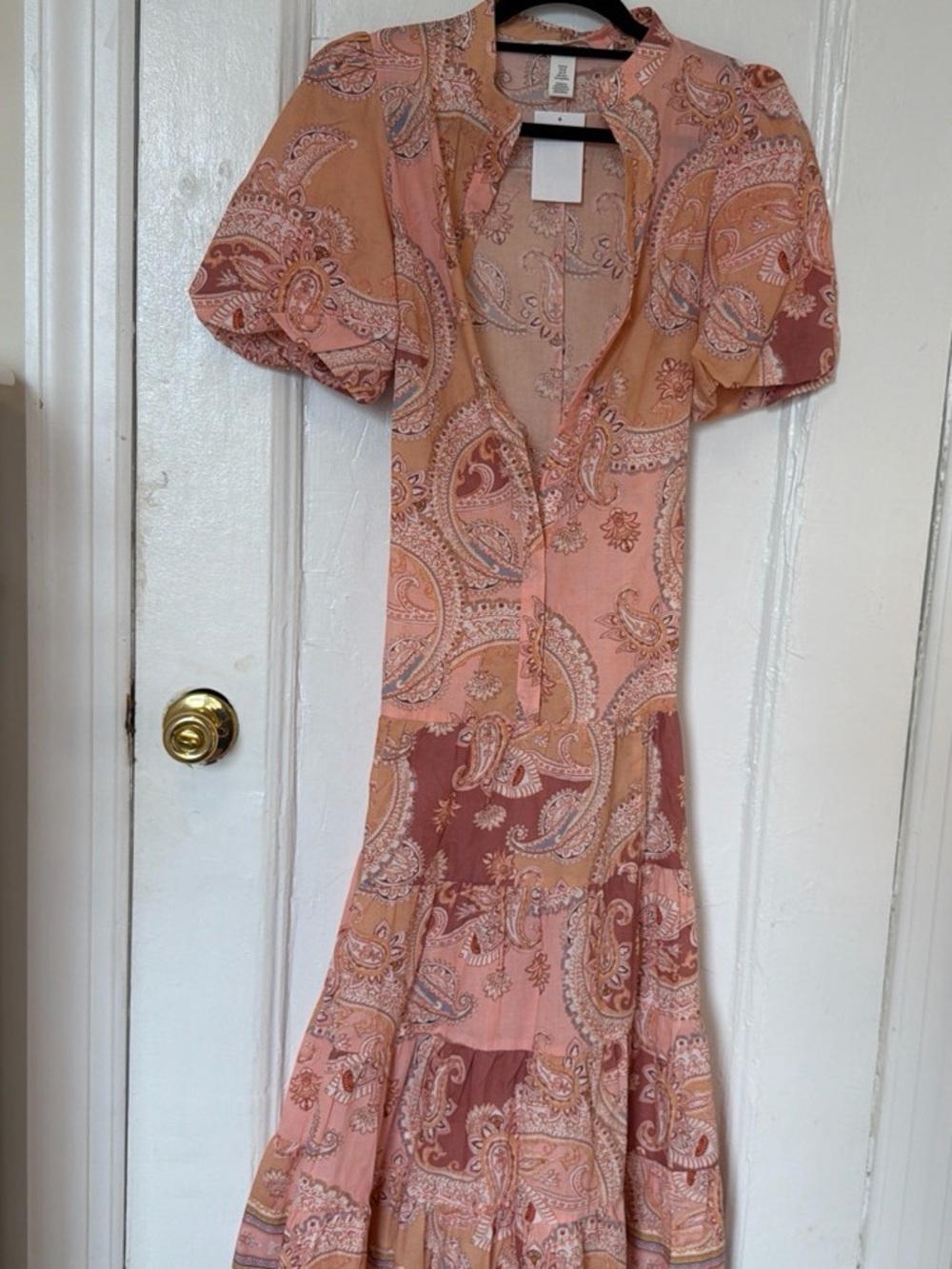 H&M Peach Paisley Midi Dress with Puff Sleeves